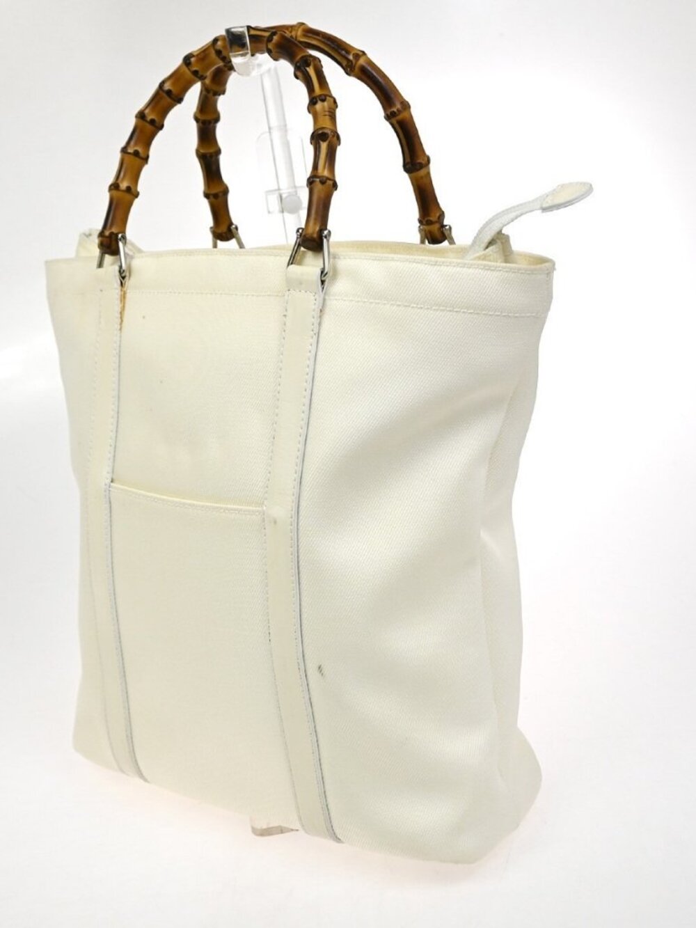 GUCCI Logo Bamboo Tote Handbag Nylon Patent Leather White SHW Italy 66KC967 - Picture 2 of 16